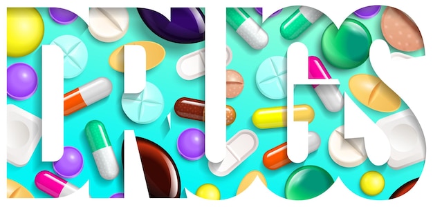 Pillenachtergrond Vitaminetabletten voor goede gezondheid en antibiotische medicijnen Posterbanner voor website Apotheek pijnstillercapsules en medische drug