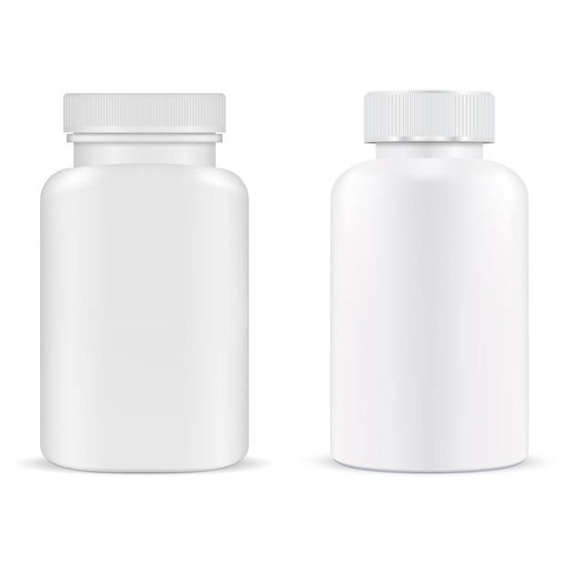 Pillenfles. Plastic supplement container vitamine capsule pot geïsoleerd. Product sjabloon voor medische tablet. Verpakkingsontwerp voor receptgeneesmiddelen. Pillendoosje, antibioticakuur. Medicijnpakket