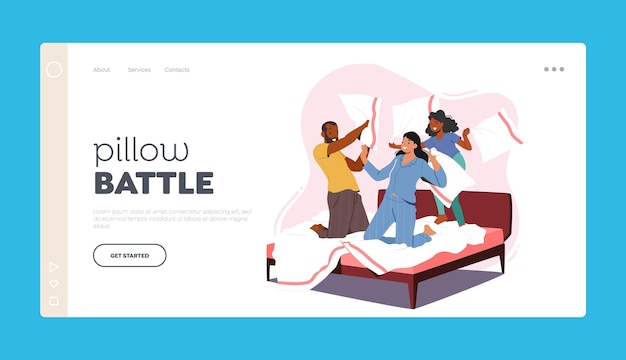 Pillow Battle Landing Page Template Familiepersonages vechten op kussens Gelukkige jonge ouders met kind dat op bed springt