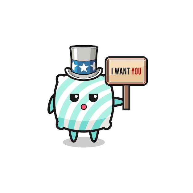 Pillow cartoon as uncle Sam holding the banner I want you cute design