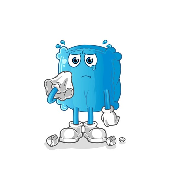pillow cry with a tissue. cartoon mascot vector