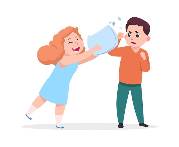 Pillow fight. cheerful girl beats displeased boy. aggression, bad manners and evil games. child misbehavior, preschool kids vector illustration. children cartoon play, evil game and aggression