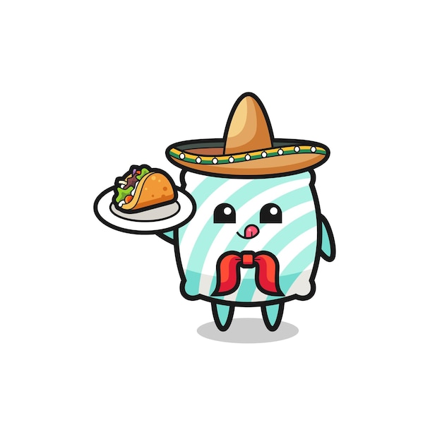 Pillow Mexican chef mascot holding a taco , cute design