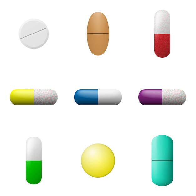 Таблетки и капсулы набор. аптека наркотики иконы. медикаментозные символы.