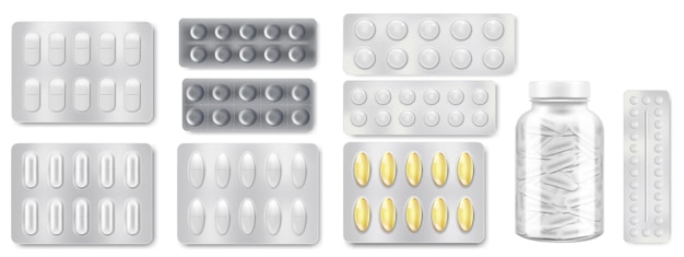 Pills blisters with tablets or capsules medical treatment drugs or medicines in plastic package mockups isolated set on white background vector 3d realistic pharmaceutical illustration