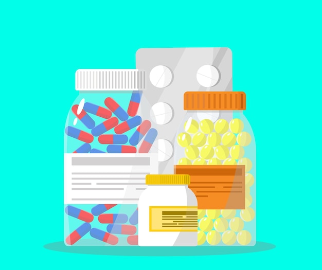Pills and bottles of medicine Set of medicines Colorful flat vector illustration