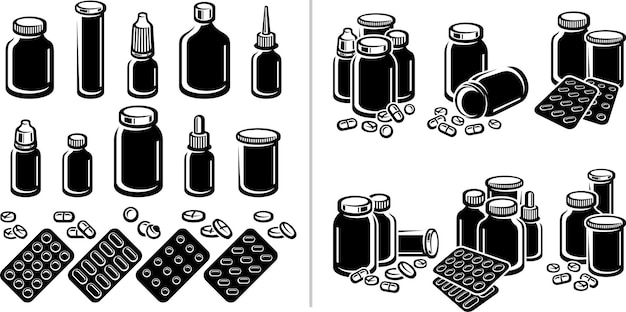 Pills and capsules elements set Medical bottle collection Vector