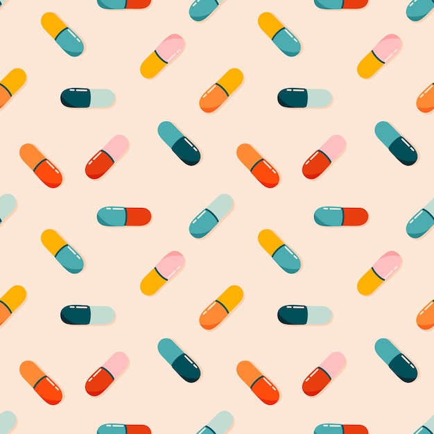 Vector pills drugs vitamins colorful seamless pattern healthcare lifestyle and medicine concept