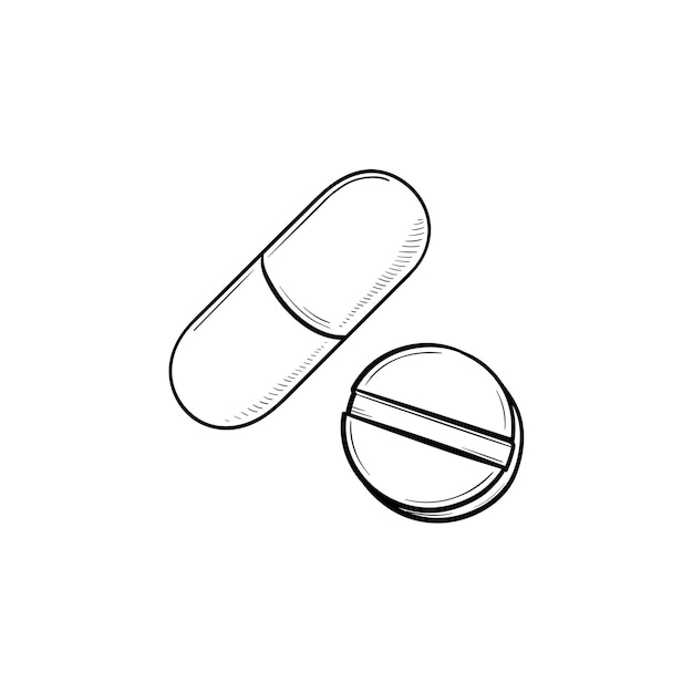 Vettore pillole contorno disegnato a mano doodle icona. compresse e capsule come cura, medicina, droga e concetto di farmacia. illustrazione di schizzo vettoriale per stampa, web, mobile e infografica su sfondo bianco.