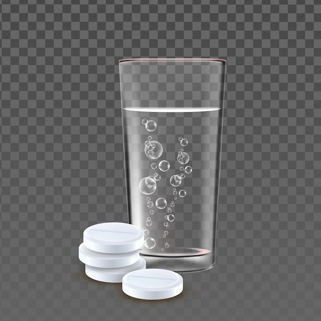 Vector pills heap and glass with bubble water vector