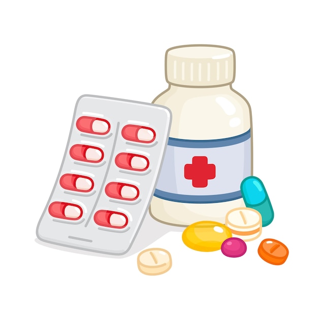 Pills and liquids medicine for children kawaii doodle flat vector illustration