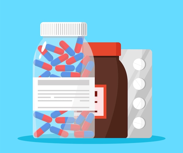 Pills and medicine bottles on blue background Vector illustration