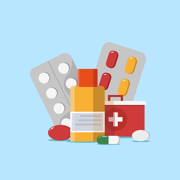 Pills and medicines in flat style.