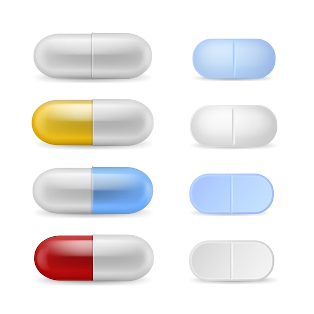 リアルな丸薬、薬、錠剤、カプセル、薬、抗生物質、カラフルなビタミン、鎮痛剤、治療薬ラウンド薬理学治療化学薬局 3 d 要素ベクトル分離セット