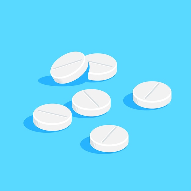 Pills and tablets of medical drugs on blue background. Medication, pharmaceutics concept. Flat style illustration.