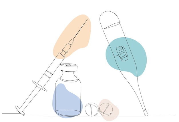 丸薬 体温計 注射器 一連線画 ベクター