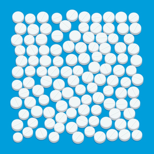 Pills. White medical pills on blue background. Flat design illustration.