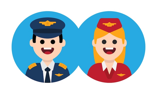 Piloot en stewardess cabinepersoneel cartoon avatar vectorillustratie.