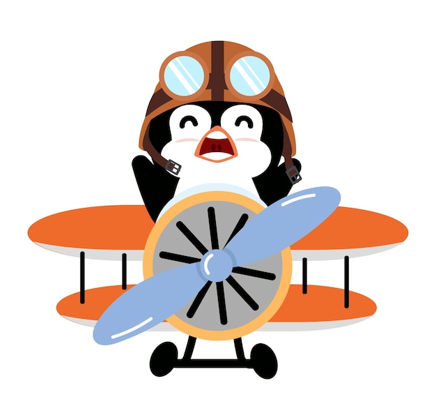 Vector pilootpinguïn vliegend vliegtuig cartoon