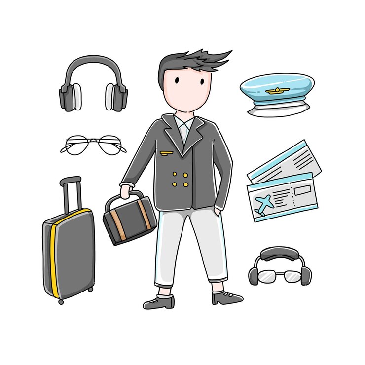 Vector pilot airplane plane hand drawn doodle illustrations vector set