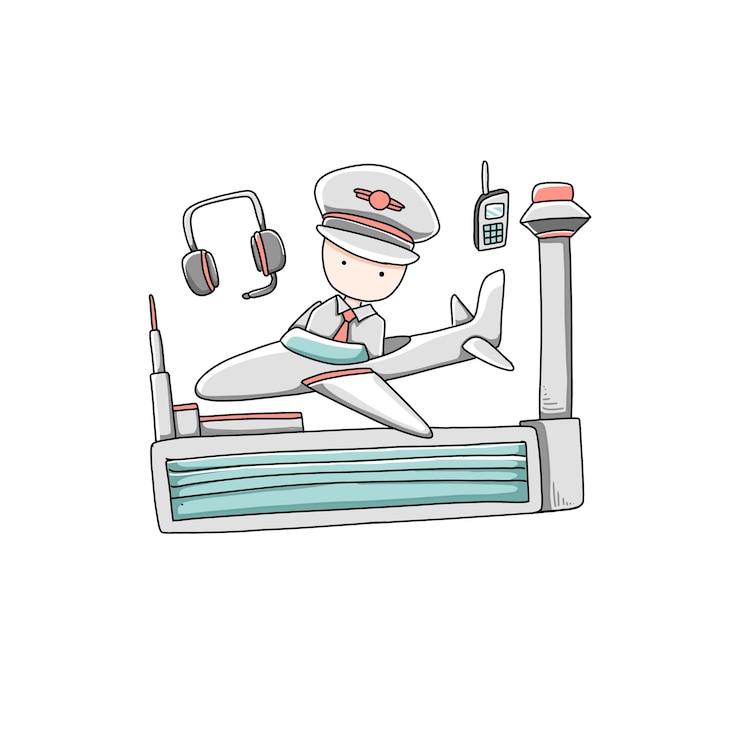 Vector pilot airplane plane hand drawn doodle illustrations vector set