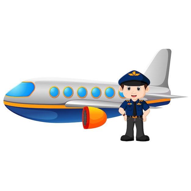 Pilot and airplane on white background