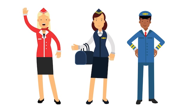 ベクトル pilot and stewardess character standing in uniform vector illustration set