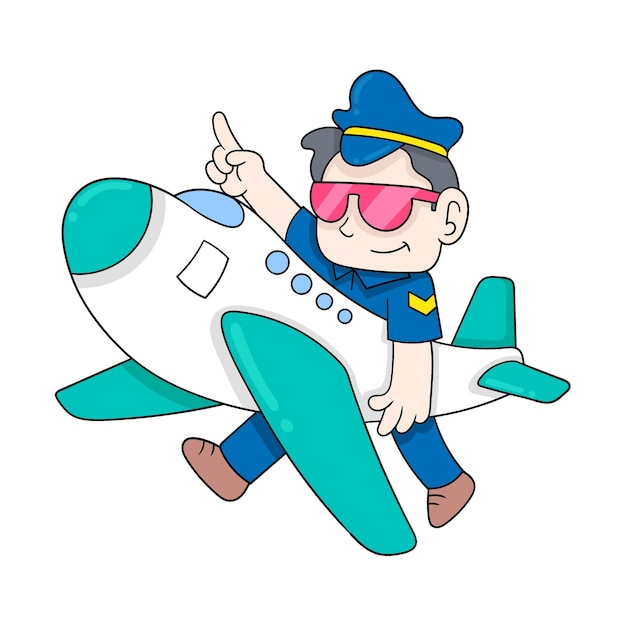 The pilot captain is walking with the airplane doodle icon image kawaii