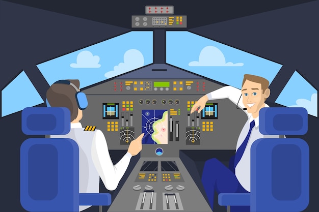 Vector pilot in cockpit smiling. control panel in airplane. captain on the board. idea of flying and aviation.   illustration