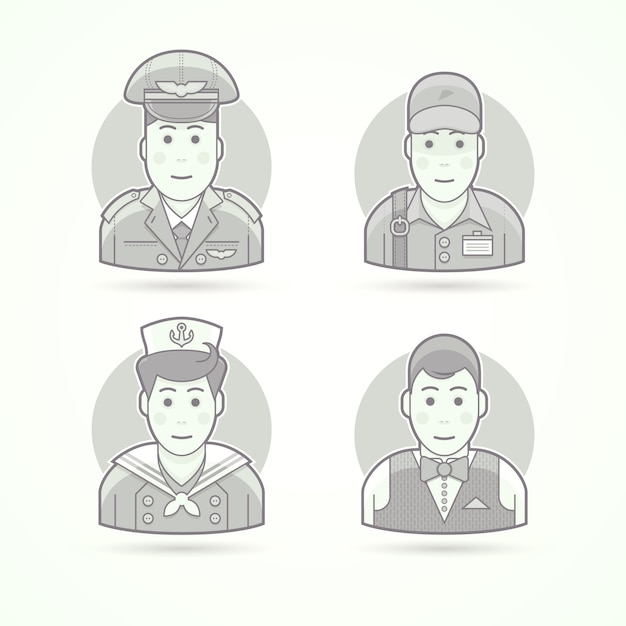 Pilot, delivery man, shipboy, waiter icons. character, avatar and person illustrations.  black and white outlined style.