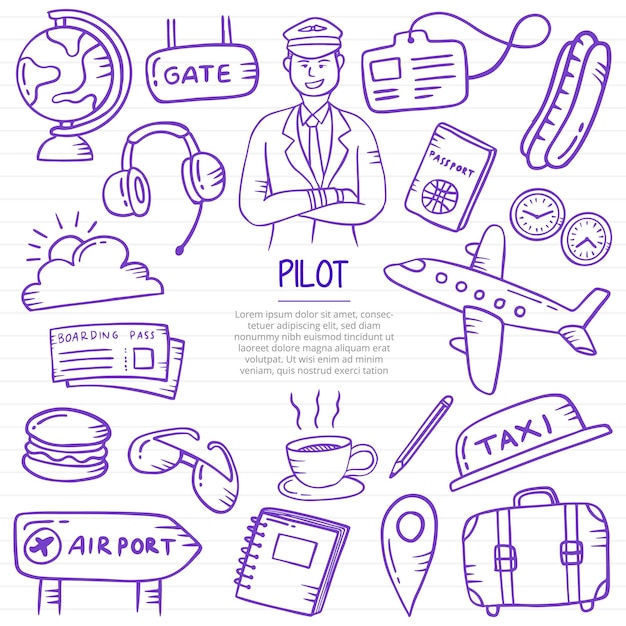 Pilot doodle hand drawn with outline style on paper books line vector illustration