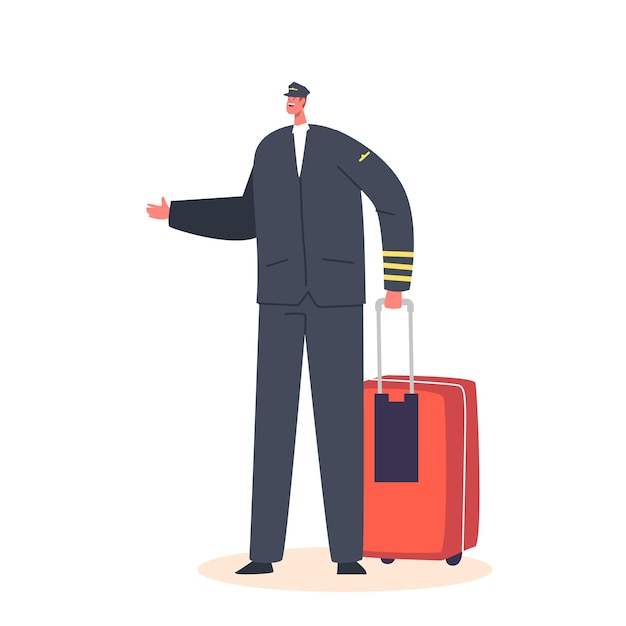 Vector pilot male character wear uniform holding luggage isolated on white background aircraft travel aviation concept