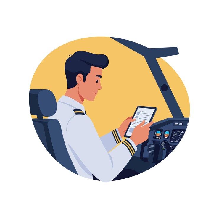 Vector pilot reading checklist in airplane cockpit vector illustration with yellow background