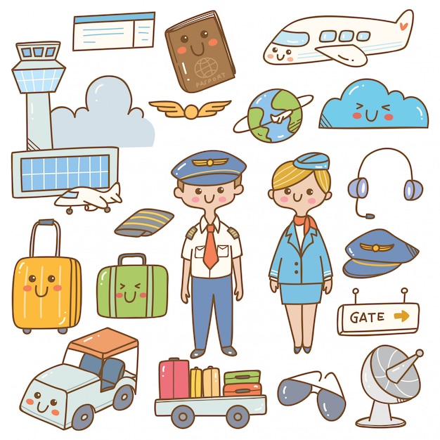 Pilot and stewardess with equipments kawaii doodle