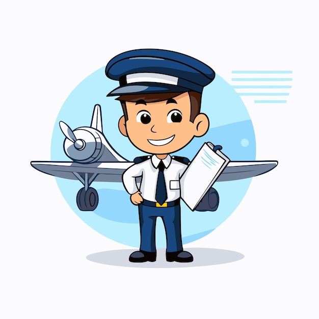 白い背景の飛行機のパイロット 漫画スタイルのベクトルイラスト