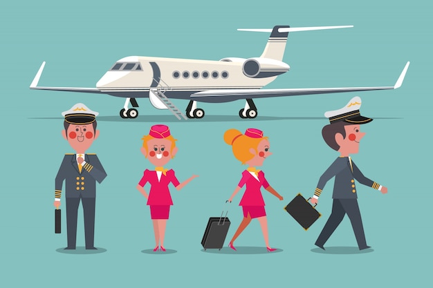 Vector pilot with flight attendant aircraft personaled character design flat style