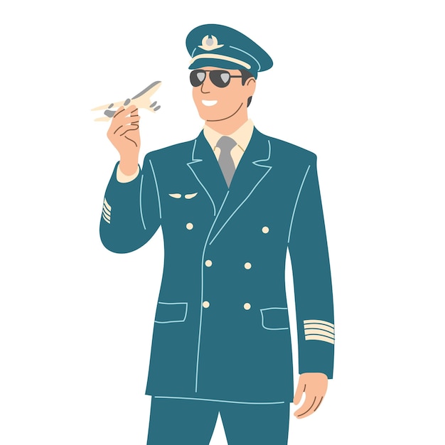 A pilot with a small plane in his hand Flat vector illustration