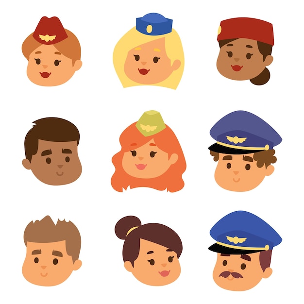 Pilots and stewardess vector head illustration airline character plane personnel staff air hostess flight attendants people command. Flight attendants captain professional pilots and stewardess.