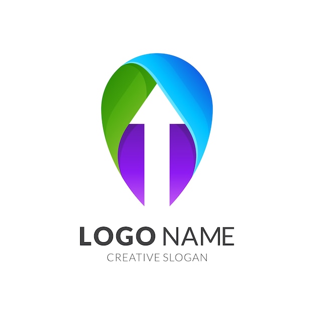 Logo pin e freccia, stile logo moderno in colori vivaci sfumati