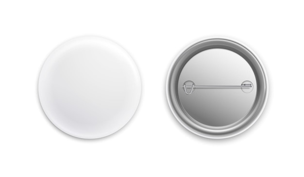 벡터 핀 배지. 현실적인 흰색 라운드 빈 버튼입니다. 금속 3d 빈 상품 기호입니다. 브랜딩을 위한 기념품 플라스틱 배지 모형. 금속 걸쇠가 있는 격리된 브로치의 전면 및 후면 보기. 벡터 객체
