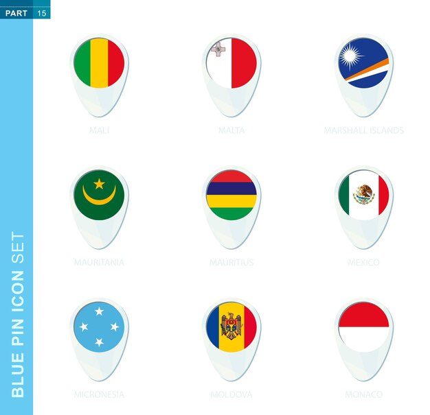 핀 플래그 세트, 말리, 몰타, 마샬 군도, 모리타니, 모리셔스, 멕시코, 미크로네시아, 몰도바, 모나코의 국기가 있는 파란색의 지도 위치 아이콘