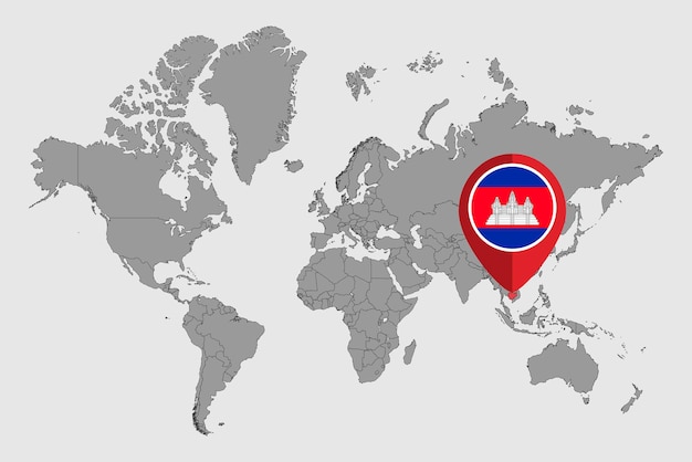 Pin kaart met Cambodja vlag op wereldkaart Vector illustratie