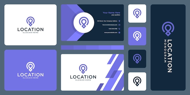 Pin logo, location and business card design template.