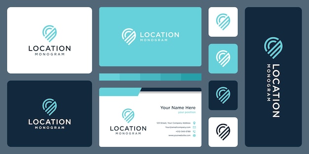 Vector pin logo, location and initial letter m. business card design.