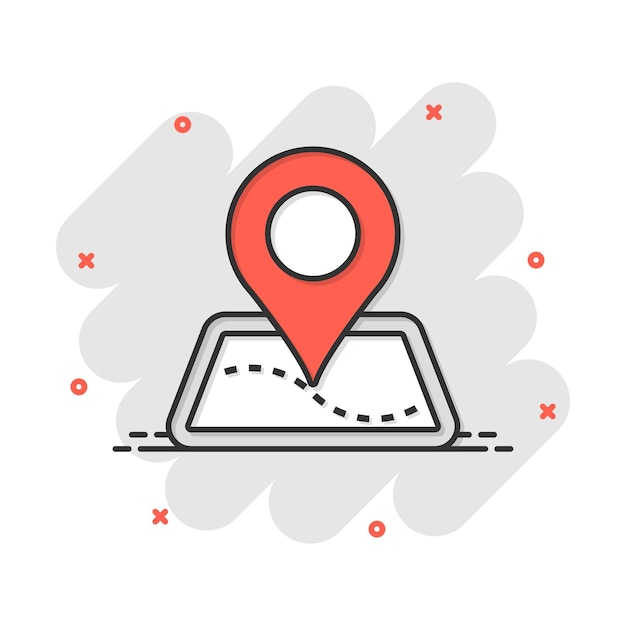 Pin map icon in comic style Cartoon gps navigation vector illustration pictogram Target destination business concept splash effect