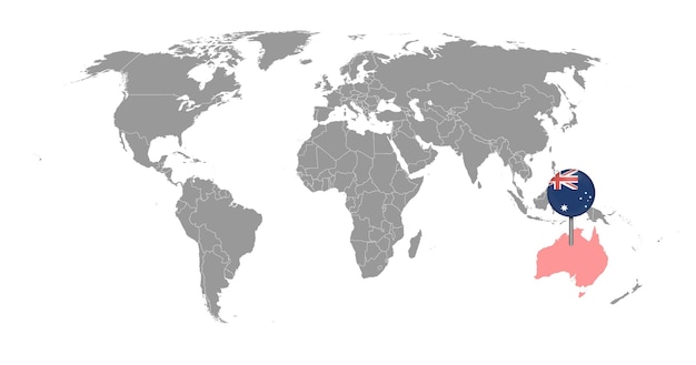 Vettore mappa pin con bandiera dell'australia sulla mappa del mondo illustrazione vettoriale