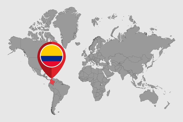 Vettore mappa pin con bandiera colombia sulla mappa del mondo illustrazione vettoriale