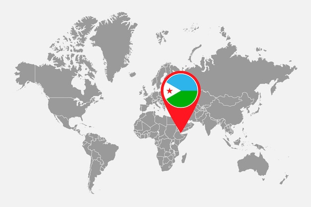 世界地図ベクトル図にジブチの国旗とピン マップ