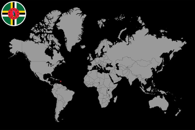 世界地図ベクトル図にドミニカ共和国の旗とピン マップ