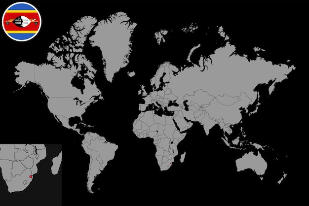 Vettore mappa pin con bandiera eswatini sulla mappa del mondo illustrazione vettoriale